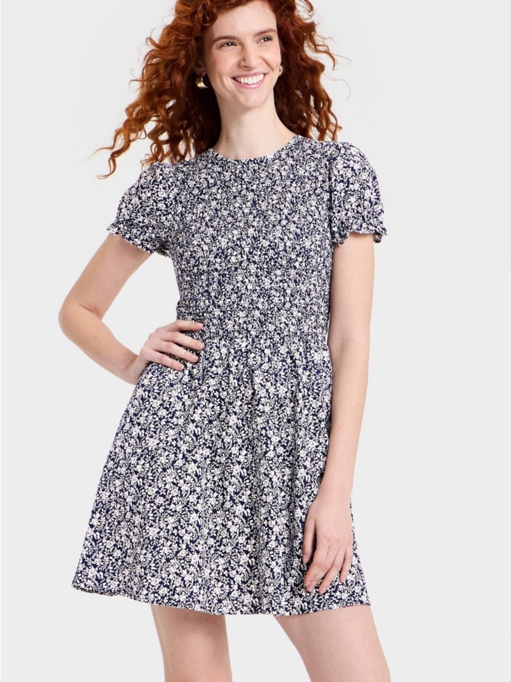 Universal Thread Puff Short Sleeve Navy/White Floral Smocked Mini Sundress NWT L